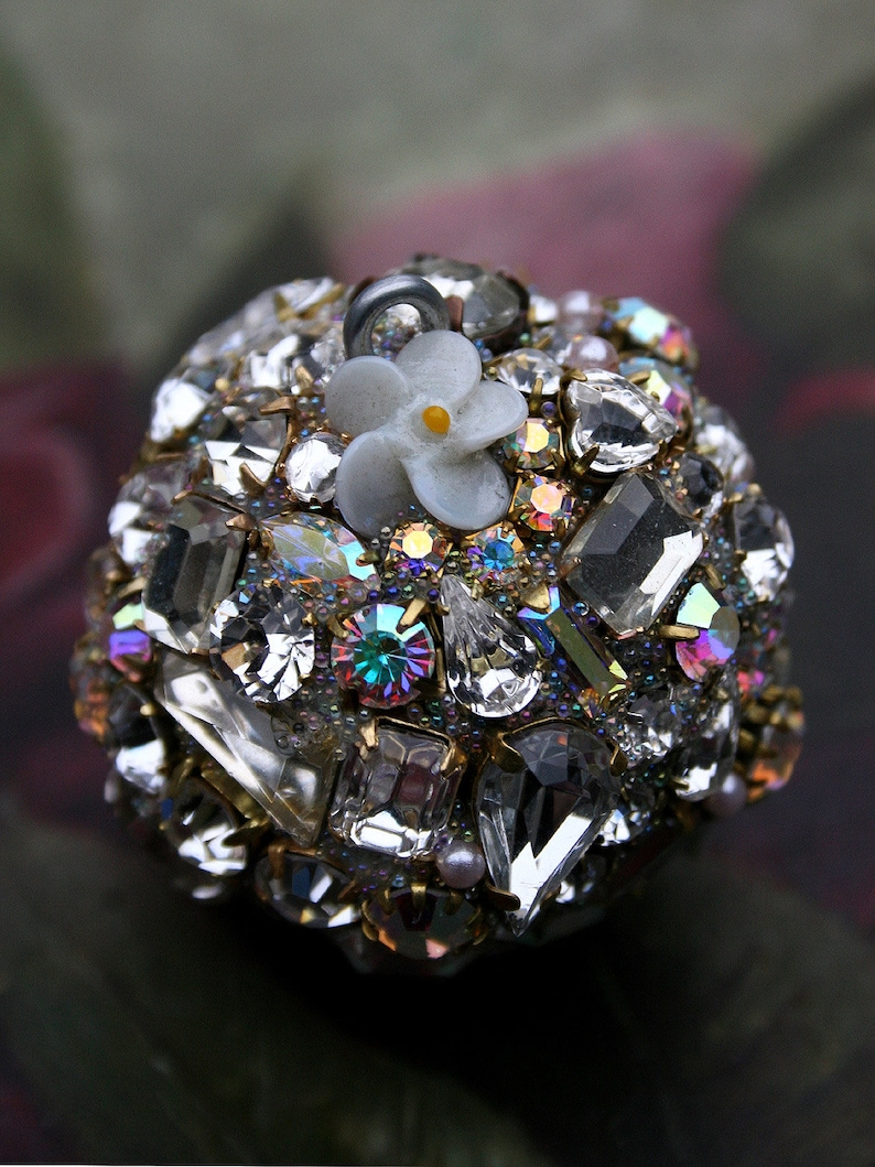 Vintage Crystals Rhinestones Ball Orb Sphere Encrusted Jewelry Ornament Light Blue Porcelain Roses Jewelry Home Holidays Original Art Decor