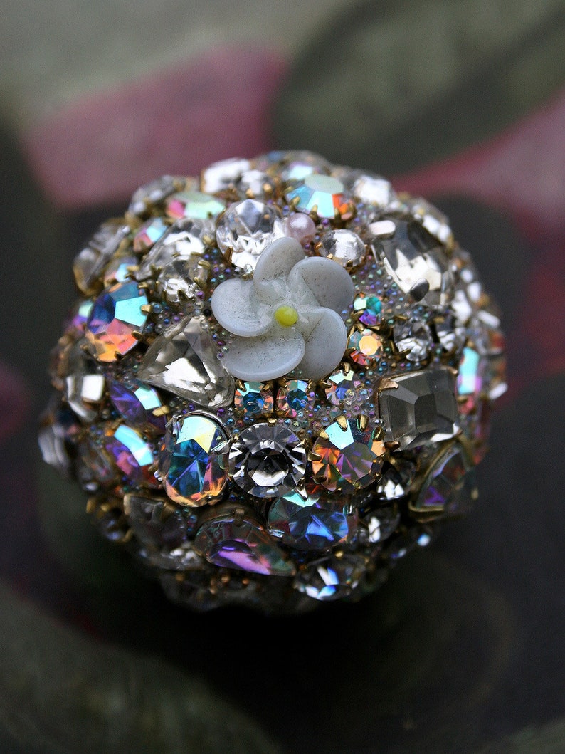 Vintage Crystals Rhinestones Ball Orb Sphere Encrusted Jewelry Ornament Light Blue Porcelain Roses Jewelry Home Holidays Original Art Decor