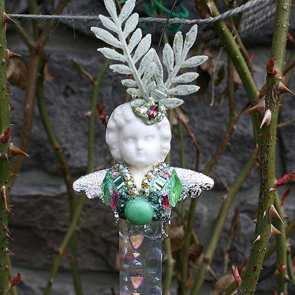 CLEARANCE -Altered Art Ornament Fern Fairy Crystal Prism Assemblage Doll Sprite Ornament Suncatcher Home Decor Gift Garden Nature Lover