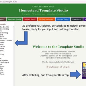 May include: Screenshot of the "Homestead Template Studio" software interface. The interface features a green header with the title and a list of templates on the left. The main section highlights the software's features and ease of use.