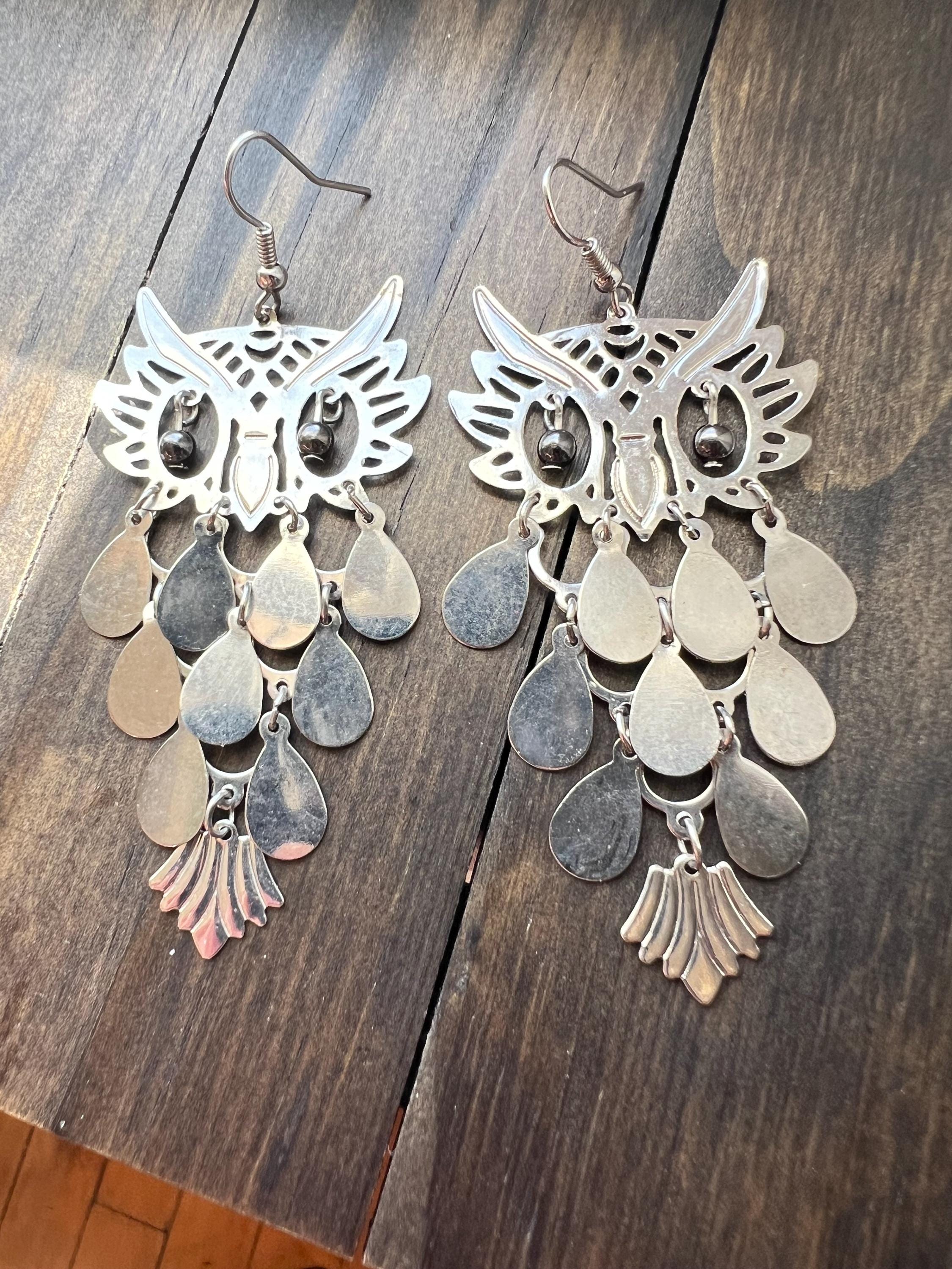 Vintage filigree owl earrings, statement long bird earrings