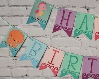 Oneder the Sea Animal Birthday Banner Pastel Under the Ocean First Party Decor Two Size Options for Name High Chair Girl Birthday Banner