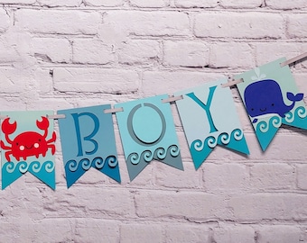 Under the Sea Baby Boy Shower Decor Ocean Life Name Banner Its a Boy Beach Baby Sprinkle Customize Size & Style Turtle, Whale, Shark, Crab