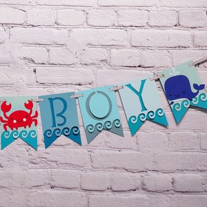 Under the Sea Baby Boy Shower Decor Ocean Life Name Banner Its a Boy Beach Baby Sprinkle Customize Size & Style Turtle, Whale, Shark, Crab