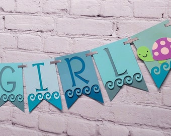 Under the Sea Baby Girl Shower Banner Ocean Life Baby Sprinkle Decor Its a Girl Beach Party Customize Size & Style Add Name Turtle, Whale