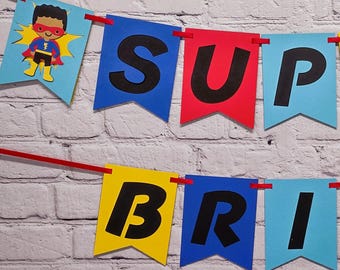 Custom Superhero Banner Hero Birthday Sign Comic Book Party Decor Super Boy Bunting  Name Personalize Skin Tone & Hair Customize Size