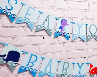 Sea You Soon Baby Shower Banner Personalize & Customize Ocean Life: Whale, Crab, Jellyfish, Octopus, Seahorse, Turtle, Shark, Star