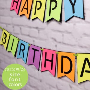 Neon Birthday Banner Glow Rainbow Garland Teen Party Decor Personalize & Customize Words, Panel size with More Fonts and Colors