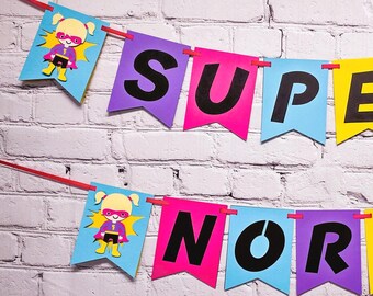 Girl Superhero Super Name Banner Double Layered Bunting Pink & Purple Hero Birthday Party Sign Personalize Hair + Skin Tone Customize Size