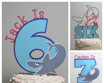 Shark Cake Topper Personalized Shark Birthday Cake Decoration Customize Age and Name 2 Options for Cake Centerpiece