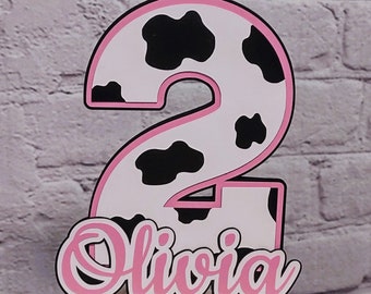 Pink and Cow Print Cake Topper Personalized Holy Cow 1st Birthday Decoration Farm or Cowgirl Party Centerpiece Customize Age Name & Size