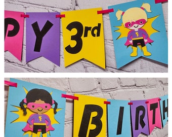 Girl Superhero Birthday Banner Pink & Purple Party Decor Personalize Hair and Skin Tone Customize Bunting Size add Age and Super Name Sign