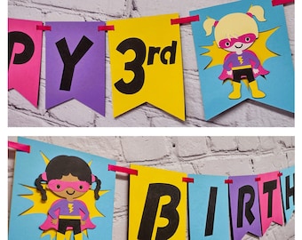 Girl Superhero Birthday Banner Pink & Purple Party Decor Personalize Hair and Skin Tone Customize Bunting Size add Age and Super Name Sign