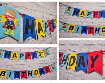 Superhero Banner Birthday Decoration Super Name bunting High Chair Sign Boy Party Decoration Personalize Age Skin Tone & Hair Customize Size