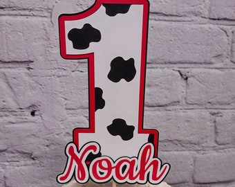 Red and Cowprint Cake Topper Personalized Holy Cow 1st Birthday Decoration Farm Cowboy CFA Party Centerpiece Customize Age Name & Size