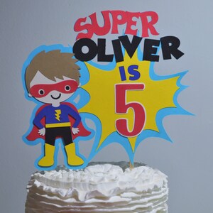Super Hero Cake Topper Personalized Superhero Birthday Cake Decoration Boy or Girl Customize Age & Name 2 Size Options for Cake Centerpiece image 4