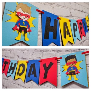 Superhero Banner Happy Birthday Party Decoration Super Boy Name Bunting High Chair Sign Personalize the Hero Skin Tone & Hair Customize Size
