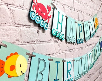 Oneder the Sea Animal Birthday Banner Under the Ocean 1st Party Decor Customize  Creatures Two Sizes add Name Bunting Highchair Garland
