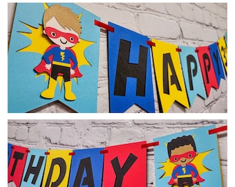 Superhero 1st Birthday Banner with Super Hero Panels Super Boy Party Decor Choose Skin tone & Hair Customize Size add Name High Chair Sign