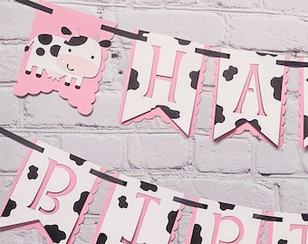 Holy Cow Birthday Banner Cowprint Panels for Farm Party Cowgirl 1st Birthday Barnyard Banner Two Size Options Name High Chair or Baby Shower