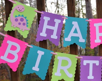 Girl Dinosaur Happy First Birthday Banner Three Rex ROAR I'm 4 Dino Party Decorations Two Size Options for Name High Chair or Baby Shower