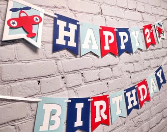 Vintage Airplane Happy Birthday Banner Two Fly Party Decor 2 Layers add Name Customize Age Size Colors Font & Wording for Time Flies Sign