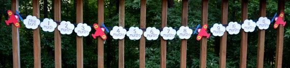 Airplane & Clouds 1st Birthday Photo Banner Vintage Biplane Time Flies First Birthday Milestones Picture Banner Flying High Aviation Party Il_570xn