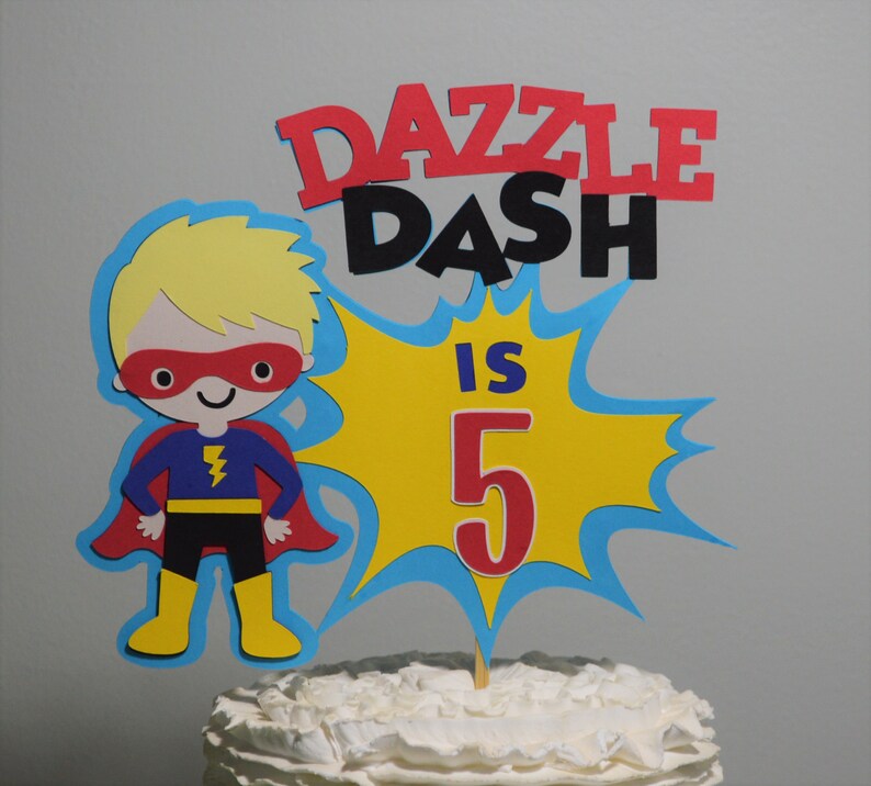 Super Hero Cake Topper Personalized Superhero Birthday Cake Decoration Boy or Girl Customize Age & Name 2 Size Options for Cake Centerpiece image 9