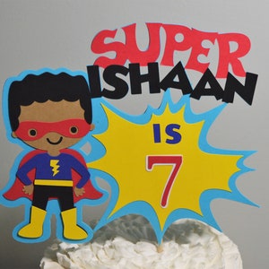 Super Hero Cake Topper Personalized Superhero Birthday Cake Decoration Boy or Girl Customize Age & Name 2 Size Options for Cake Centerpiece image 6