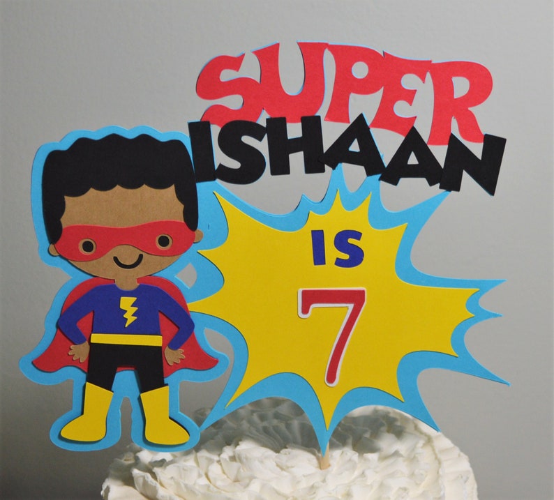 Super Hero Cake Topper Personalized Superhero Birthday Cake Decoration Boy or Girl Customize Age & Name 2 Size Options for Cake Centerpiece image 6