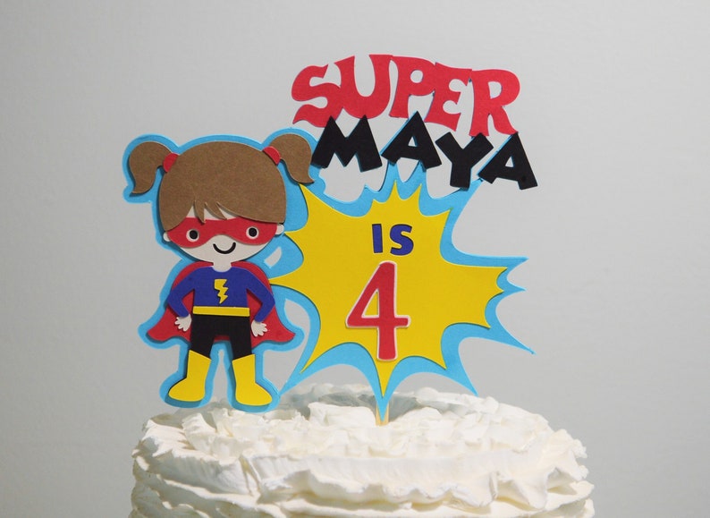 Super Hero Cake Topper Personalized Superhero Birthday Cake Decoration Boy or Girl Customize Age & Name 2 Size Options for Cake Centerpiece image 3