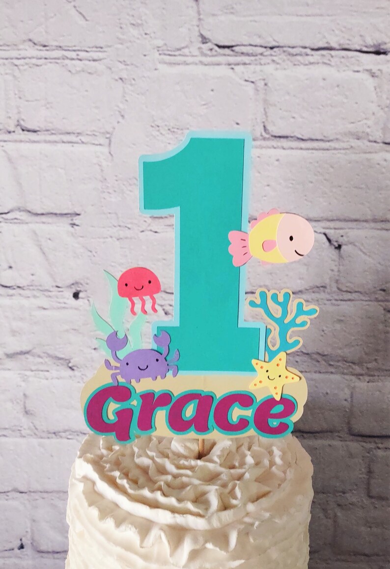 Girl ONEder the Sea Birthday Cake Topper Personalized Pastel image 1