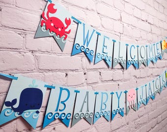 Under the Sea Baby Shower Banner Customize Size, Wording and Ocean Life: Whale, Crab, Jellyfish, Octopus, Seahorse, Turtle, Shark, Starfish