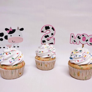 Cow Cupcake Toppers for a Holy Cow Birthday Party Baby Girl Farm Animal Shower Cake  Cowgirl 1st Rodeo Party Choose Number & Kind in the set