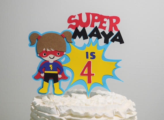 Girl Super Hero Cake Topper Personalized Superhero Birthday Cake Decoration Customize Age Hair Skin Tone Name & Size for Cake Centerpiece Il_570xn