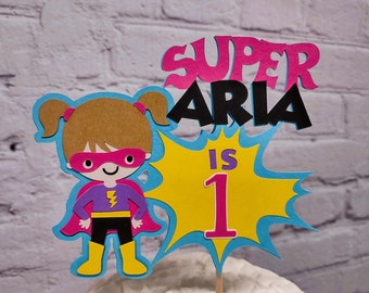 Girl Super Hero Cake Topper Personalized Pink and Purple Superhero Birthday Decor Customize Age Hair Skin Tone Name & Cake Centerpiece Size