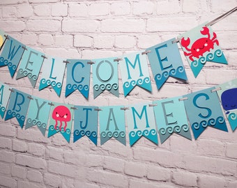 Under the Sea Animal Banner Personalize Welcome Baby Name Boy or Girl Ocean Life Sprinkle Decor  Shower Gender Neutral Beach Baby Two Sizes