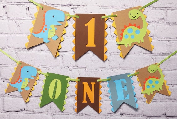 Spiky Dinosaur 1st Birthday High Chair Banner Green Aqua Brown Orange ONEASAURUS Party Decor Customize w/ Two Size Options Dinomite Birthday Il_570xn