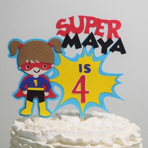 Girl Super Hero Cake Topper Personalized Superhero Birthday Cake Decoration Customize Age Hair Skin Tone Name & Size  for Cake Centerpiece