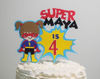 Girl Super Hero Cake Topper Personalized Superhero Birthday Cake Decoration Customize Age Hair Skin Tone Name & Size  for Cake Centerpiece