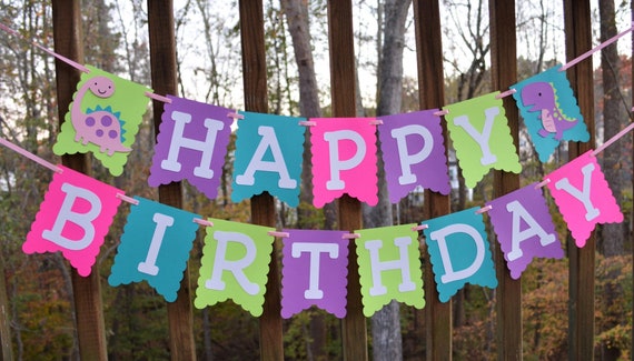 Girl Dinosaur Happy First Birthday Banner Three Rex ROAR I'm 4 Dino Party Decorations Two Size Options for Name High Chair or Baby Shower Il_570xn