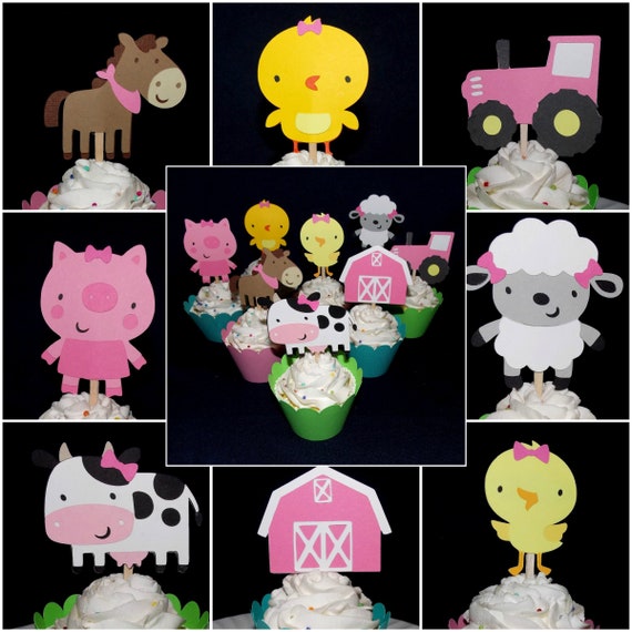 Pink Farm Cupcake Toppers Customize Number & Kind of food pick 8 Barnyard Options Girl Farm Animal Baby Shower Old MacDonald Birthday Party Il_570xn