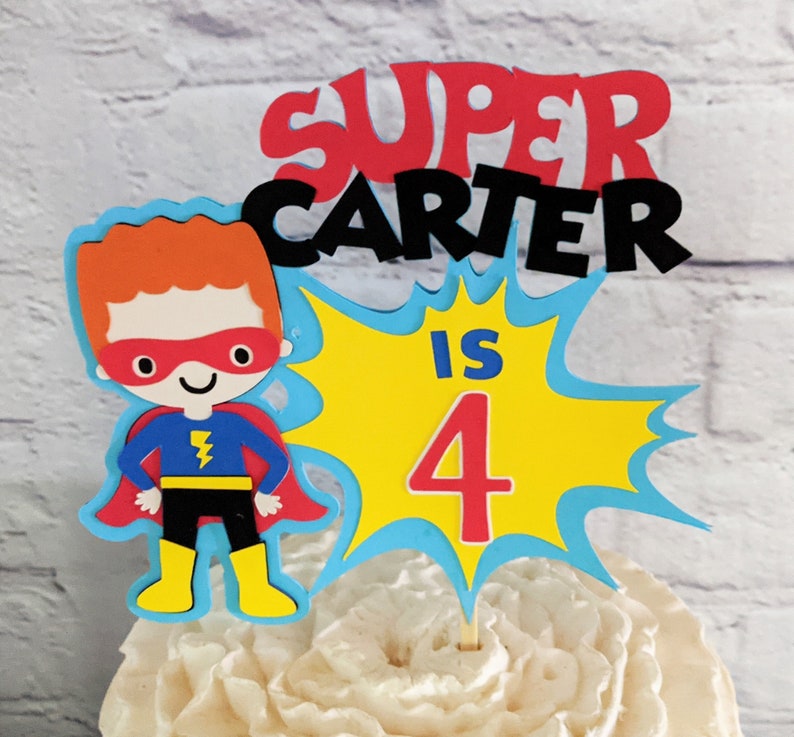 Super Hero Cake Topper Personalized Superhero Birthday Cake Decoration Boy or Girl Customize Age & Name 2 Size Options for Cake Centerpiece image 7