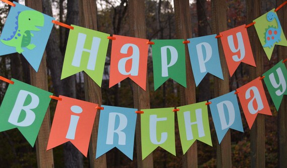 Dinosaur Happy First Birthday Banner Boy Three Rex ROAR I'm 4 Dino Party Decorations Two Size Options for Name High Chair or Baby Shower Il_570xn