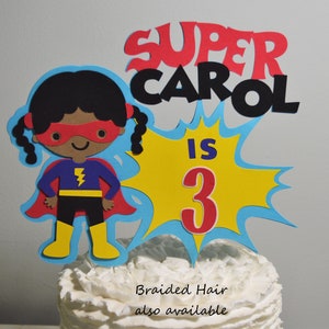 Super Hero Cake Topper Personalized Superhero Birthday Cake Decoration Boy or Girl Customize Age & Name 2 Size Options for Cake Centerpiece image 5