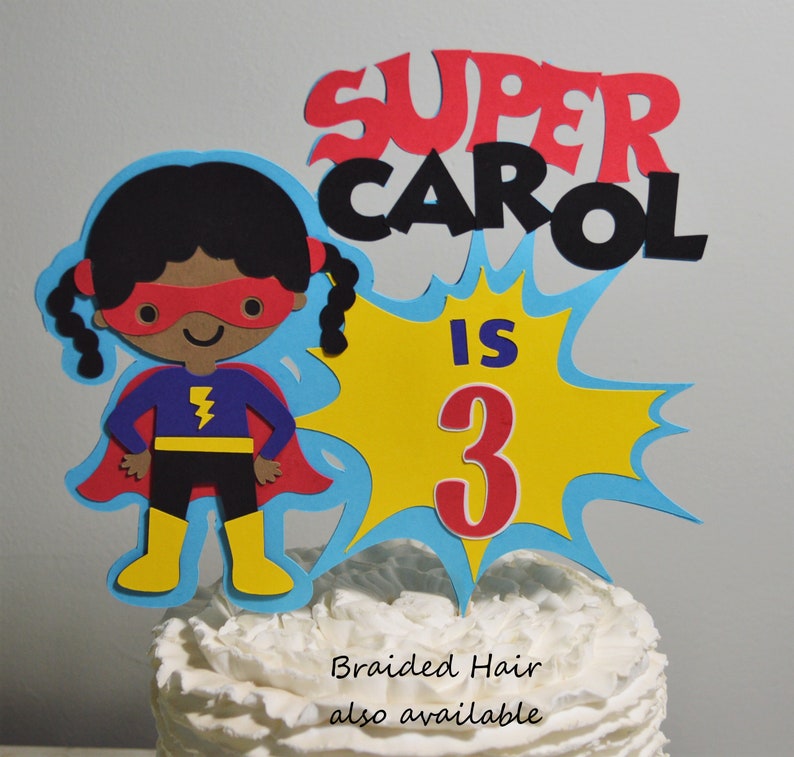 Super Hero Cake Topper Personalized Superhero Birthday Cake Decoration Boy or Girl Customize Age & Name 2 Size Options for Cake Centerpiece image 5