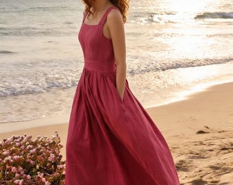 Linen Midi Dress with Pockets, Square Neck Sleeveless Summer Everyday Dress