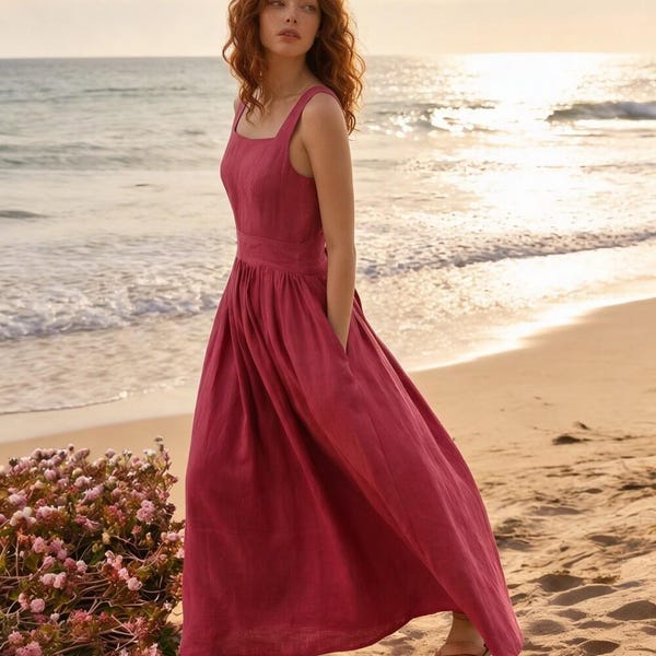 Linen Midi Dress with Pockets, Square Neck Sleeveless Summer Everyday Dress