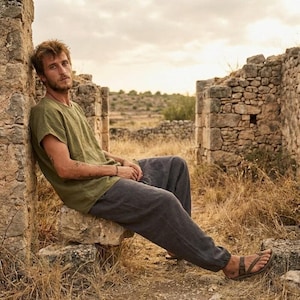 Men’s Linen Harem Pants, Drop Crotch Loose Fit Trousers, Boho Nomad Desert Style