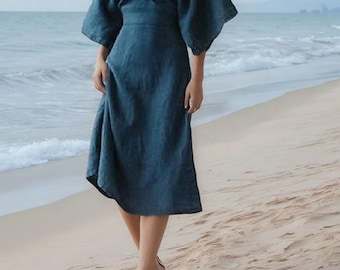 Handmade Linen Midi Dress: Kimono Sleeves, Minimalist Boho Style